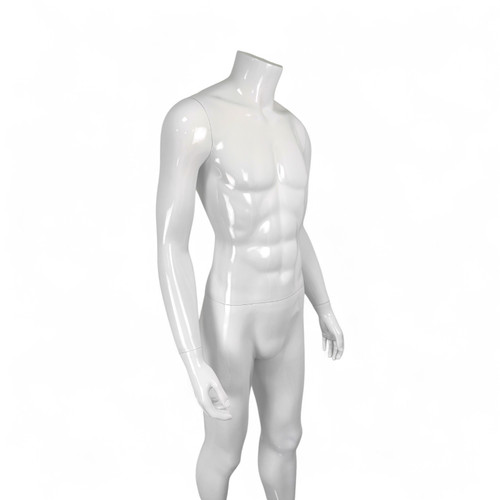 Headless Male Fiberglass Mannequin Glossy White Finish with Glass Stand 166cm