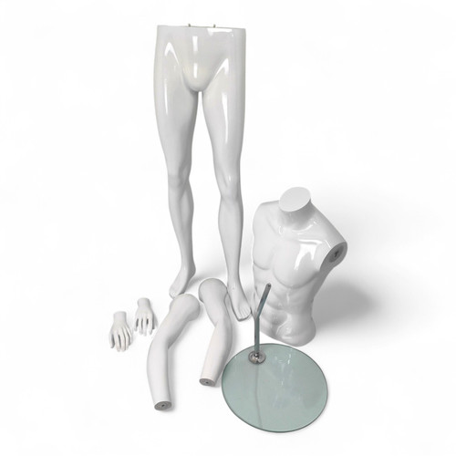 Headless Male Fiberglass Mannequin Glossy White Finish with Glass Stand 166cm