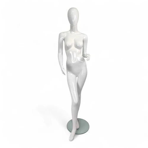 Female Fiberglass Mannequin Glossy White Finish Forward Leg with Glass Stand, full-height product view on a white background
