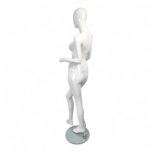 Female Fiberglass Mannequin Glossy White Finish Forward Leg with Glass Stand
