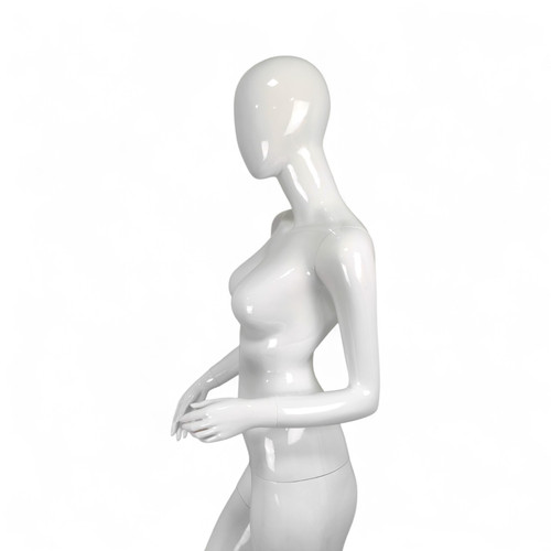 Female Fiberglass Mannequin Glossy White Finish Forward Leg with Glass Stand