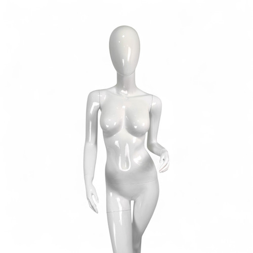 Female Fiberglass Mannequin Glossy White Finish Forward Leg with Glass Stand, full-height product view on a white background, gallery image 9 of 15
