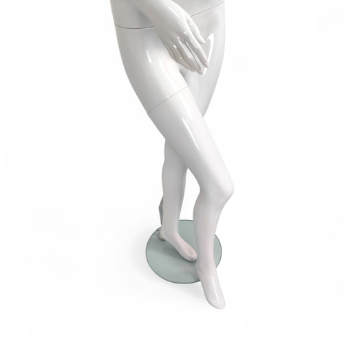 Female Fiberglass Mannequin Glossy White Finish Forward Leg with Glass Stand