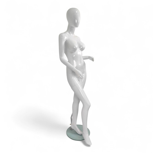 Female Fiberglass Mannequin Glossy White Finish Forward Leg with Glass Stand
