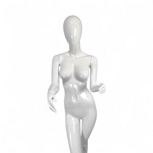 Female Fiberglass Mannequin Glossy White Finish Forward Leg with Glass Stand