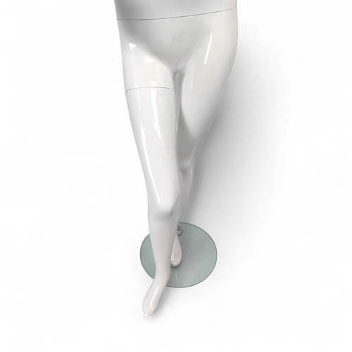 Female Fiberglass Mannequin Glossy White Finish Forward Leg with Glass Stand, full-height product view on a white background, gallery image 10 of 15