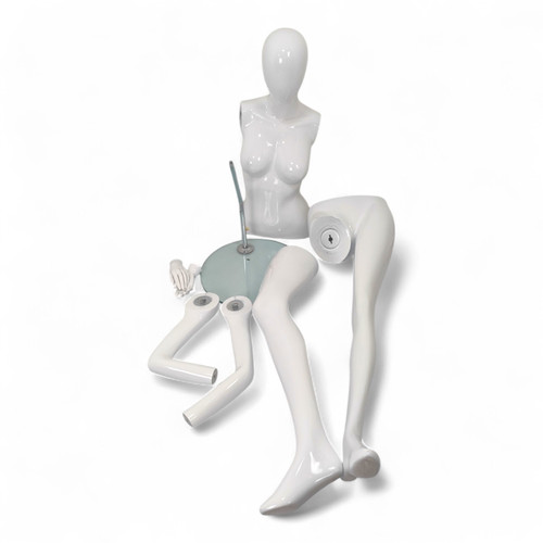 Female Fiberglass Mannequin Glossy White Finish Forward Leg with Glass Stand, full-height product view on a white background, gallery image 15 of 15