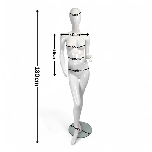 Female Fiberglass Mannequin Glossy White Finish Forward Leg with Glass Stand
