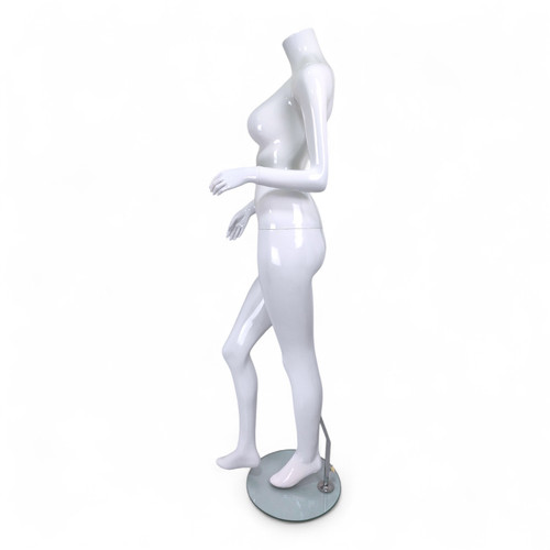 Headless Female Mannequin Glossy White Fiberglass with Glass Stand, full-height product view on a white background, open, centred square layout