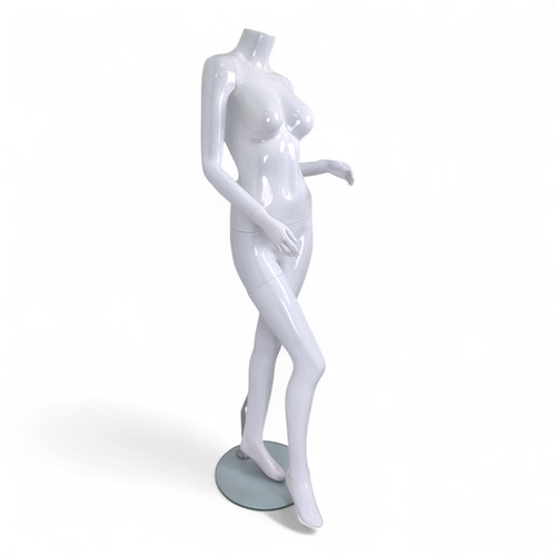 Headless Female Mannequin Glossy White Fiberglass with Glass Stand, full-height product view on a white background, gallery image 6 of 12