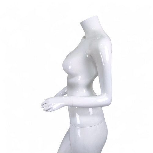 Headless Female Mannequin Glossy White Fiberglass with Glass Stand, full-height product view on a white background, gallery image 11 of 12