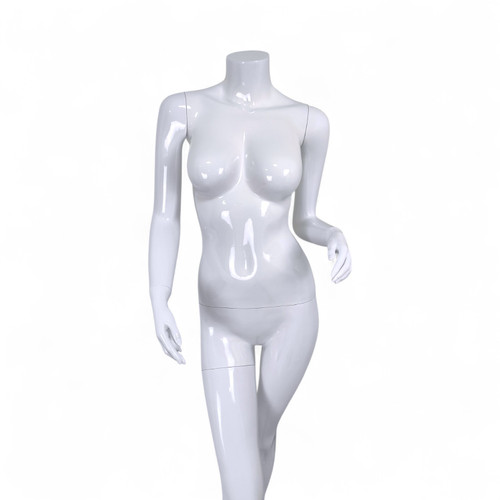 Headless Female Mannequin Glossy White Fiberglass with Glass Stand, full-height product view on a white background, balanced, centred square layout