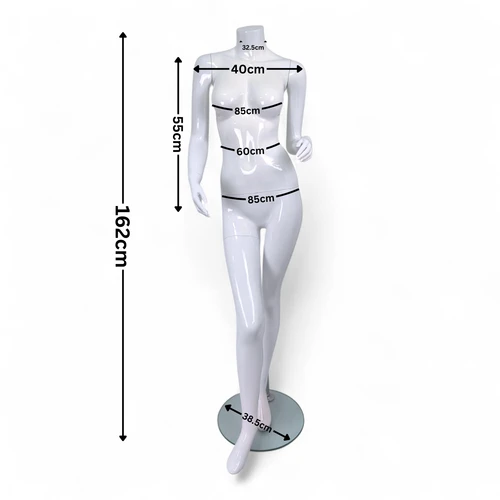 Headless Female Mannequin Glossy White Fiberglass with Glass Stand, dimension guide on a white background