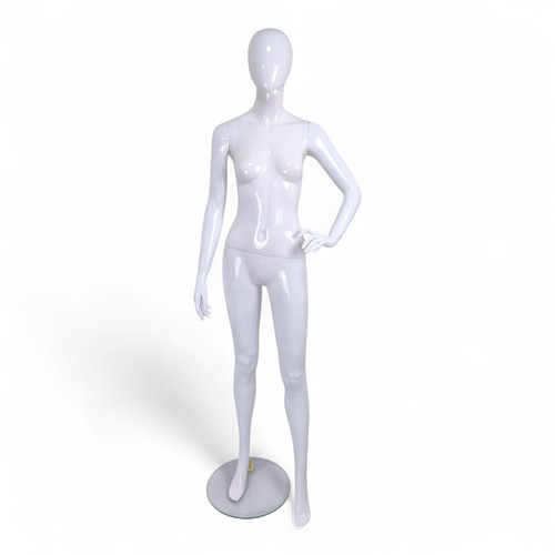 White Glossy Female Faceless Display Egg Head Mannequin, full-height product view on a white background