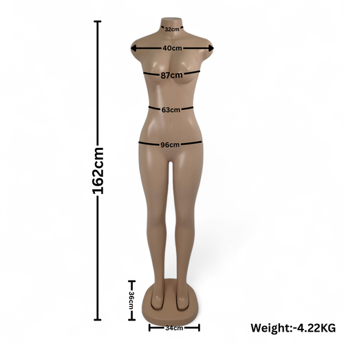 Voluptuous Brazilian Female Mannequin, dimension guide against a light background
