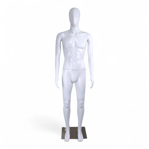 Male Mannequin Matt White Plastic Display with Rotating Head and Metal Stand, full-height product view on a white background