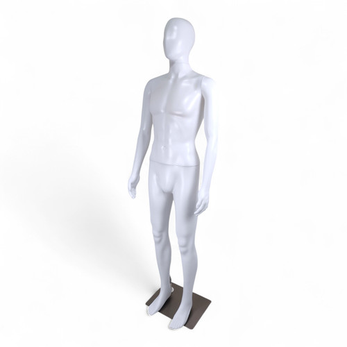Male Mannequin Matt White Plastic Display with Rotating Head and Metal Stand, full-height product view on a white background, gallery image 6 of 15