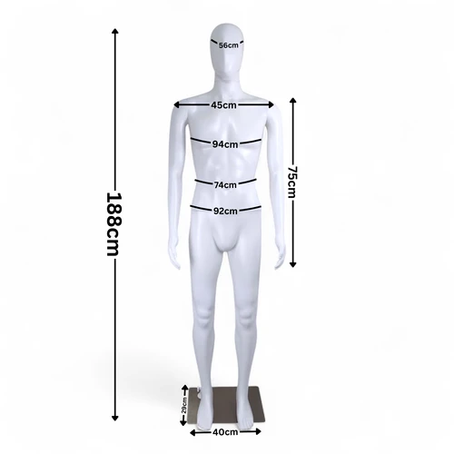Male Mannequin Matt White Plastic Display with Rotating Head and Metal Stand, full-height product view on a white background, balanced, centred square layout