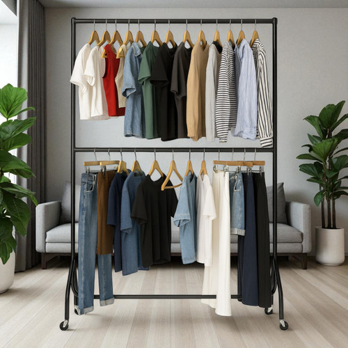 2-Tier Black Heavy-Duty Clothes Rail - 150 kg UDL Steel Garment Rack with Wheels