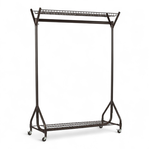 Black Heavy-Duty Steel Clothes Rail with Top & Bottom Shelves, Wheels 150 kg UDL