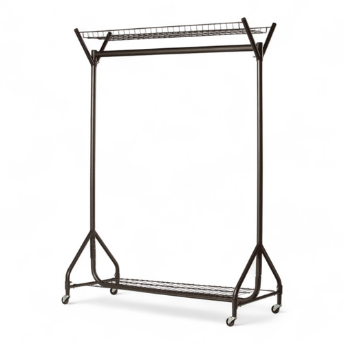 Black Heavy-Duty Steel Clothes Rail with Top & Bottom Shelves, Wheels 150 kg UDL