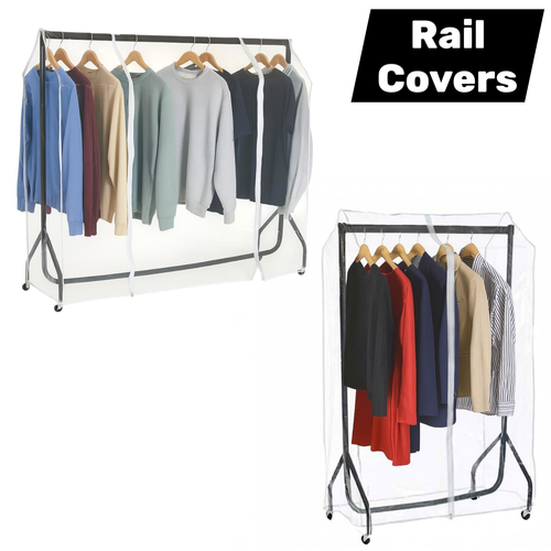 Clear Zip Clothes Rail Cover, product shown against a coloured background, balanced, centred square layout