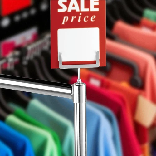 Chrome Screw-In POS Card Holder for Clothes Rails, printed product shown against a dark background, balanced, centred square layout