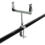 Chrome Clamp-On Card Holder for Clothes Rails, product shown against a coloured background, balanced, centred square layout