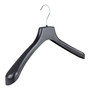 Black Plastic Jacket Hanger 44cm Wide Shoulder, close product view against a coloured background