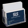 Clear Acrylic 2-Tier Business Card Holder, close product view against a dark background, dark-toned product image