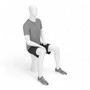 Seated white male mannequin wearing a grey T-shirt, black shorts and grey trainers
