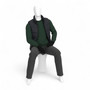 Seated male mannequin wearing a black padded vest, green jumper, dark trousers and gloves