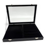Black Leatherette Glass-Lid Jewelry Box Organizer for Rings, Chains, Earrings, close product view against a light background, tight, centred square layout