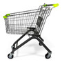 100L Grey Supermarket Wire Shopping Trolley with Child Seat & Swivel Castors, close product view against a light background, tight, centred square layout