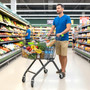 100L Grey Supermarket Wire Shopping Trolley with Child Seat & Swivel Castors, product shown against a coloured background
