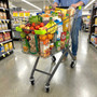 100L Grey Supermarket Wire Shopping Trolley with Child Seat & Swivel Castors, product shown against a coloured background, balanced, centred square layout
