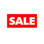 Red rectangular SALE window poster with bold white lettering on a plain background
