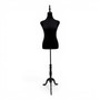 Black Velvet Female Mannequin Torso with Adjustable Wooden Stand, full-height product view on a white background
