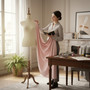 Beige Velvet Female Mannequin Torso with Adjustable Wooden Stand, product shown against a coloured background