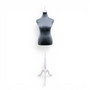 Grey Velvet Female Mannequin Torso Dress Form with Wooden Stand, full-height product view on a white background