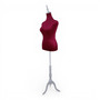 Red Velvet Female Mannequin Torso Dress Form with Wooden Stand, full-height product view on a white background, open, centred square layout