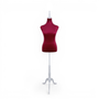 Red Velvet Female Mannequin Torso Dress Form with Wooden Stand, full-height product view on a white background
