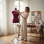 Red Velvet Female Mannequin Torso Dress Form with Wooden Stand, product shown against a coloured background