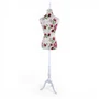 Red Floral Female Mannequin Torso with Adjustable Wooden Stand, full-height product view on a white background, brightly lit product image