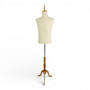 Male Beige Velvet Mannequin Torso with Adjustable Wooden Tripod Stand, full-height product view on a white background
