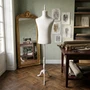 Male White Lace Mannequin Torso with Adjustable Wooden Tripod Stand, product shown against a dark background