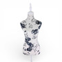 Blue Floral Female Mannequin Torso with Adjustable Wooden Stand, full-height product view on a white background, balanced, centred square layout
