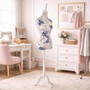 Blue Floral Female Mannequin Torso with Adjustable Wooden Stand, close product view against a light background