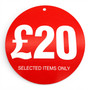 £20 Round Hanger Tickets 100mm Red Sale Tags “Selected Items Only” (Pack of 100)