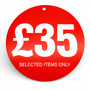 £35 Round Hanger Tickets 100mm Red Sale Tags “Selected Items Only” (Pack of 100), close product view on a white background